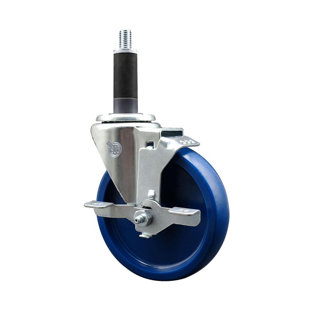 SCC-SSEX20S514-SPUS-TLB-1 Stainless Steel Solid Polyurethane Expanding Stem Swivel Caster with 5 in. Blue Wheel & 1 in. Stem & Top Locking Brake