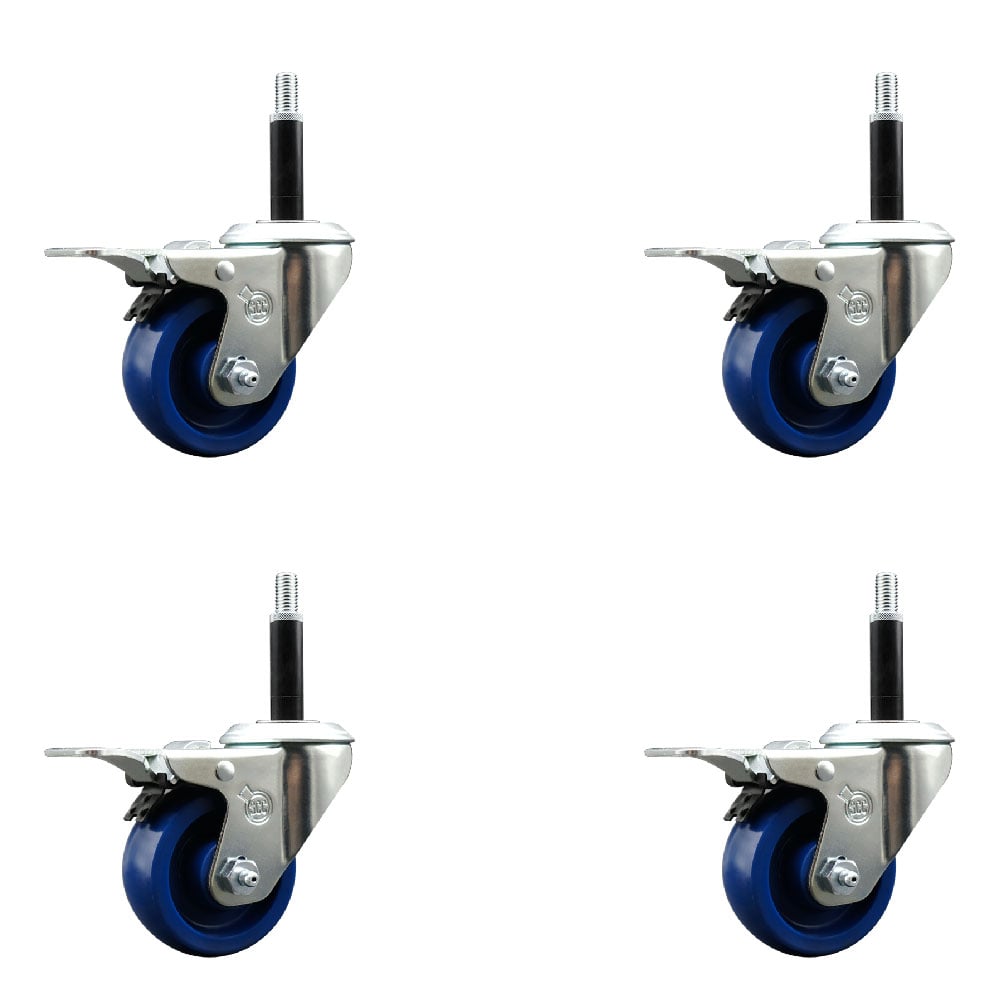 Stainless Steel Solid Polyurethane Swivel Expanding Stem Caster with 3 in. Blue Wheels & 0.75 in. Stems4 Swivel - Set of 4