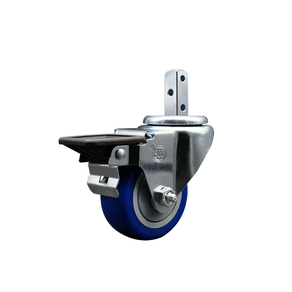 Swivel Square Stem Caster with 3 x 1.25 in. Blue Polyurethane Wheel with 3 0.26 in. Diameter Mounting Holes & Posi Lock Brakes