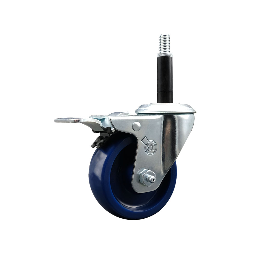 Stainless Steel Solid Polyurethane Expanding Stem Swivel Caster with 3.5 in. Blue Wheel & 0.75 in. Stem & Total Locking Brake