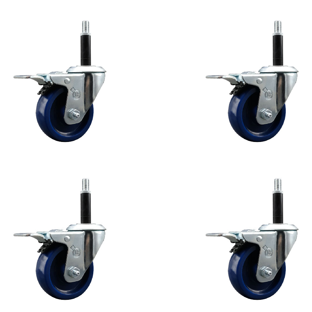 Stainless Steel Solid Polyurethane Swivel Expanding Stem Caster with 3.5 in. Blue Wheels & 0.75 in. Stems4 Swivel - Set of 4