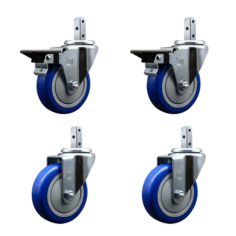 Swivel Square Stem Caster with 4 x 1.25 in. Blue Poly Wheel, 0.75 x 2 in. Square Stem with 3 0.26 in. Diameter Mounting Holes - Set of 4