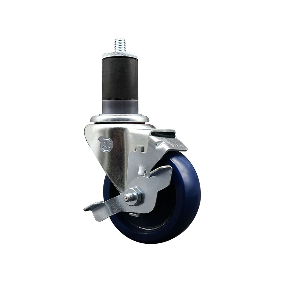 Stainless Steel Solid Polyurethane Expanding Stem Swivel Caster with 3.5 in. Blue Wheel & 1.63 in. Stem & Top Locking Brake