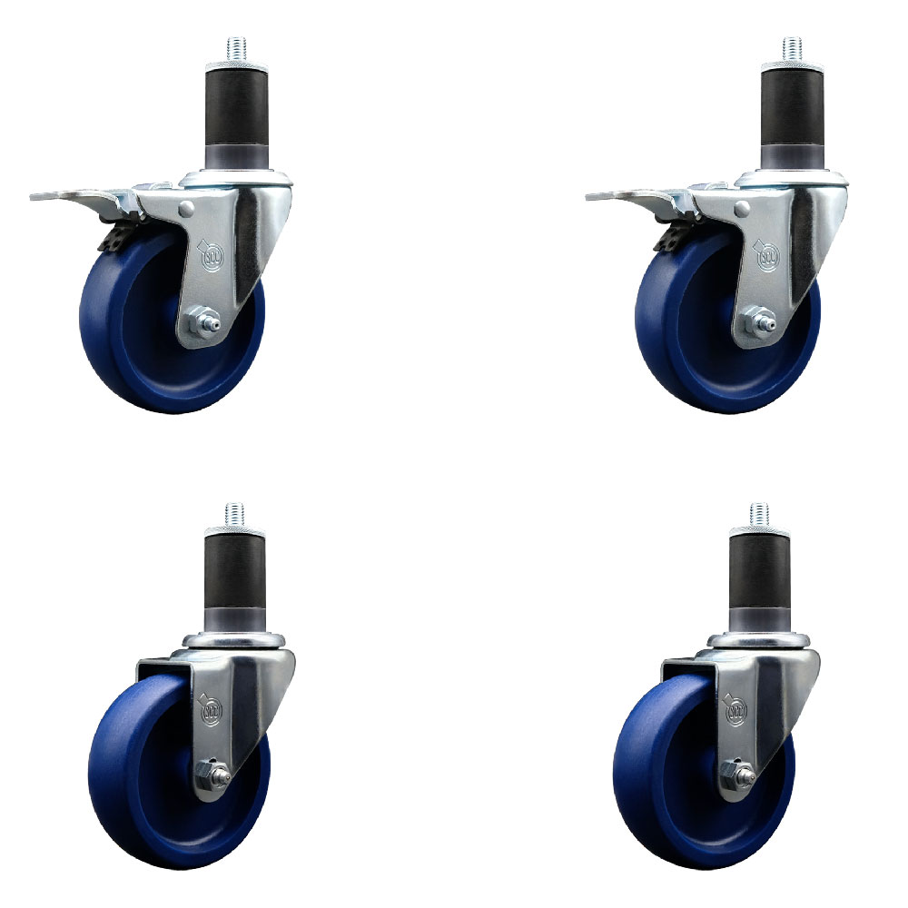 Stainless Steel Solid Polyurethane Swivel Expanding Stem Caster with 4 in. Blue Wheels & 1.63 in. Stems 2 with Total Locking Brakes - Set of 4