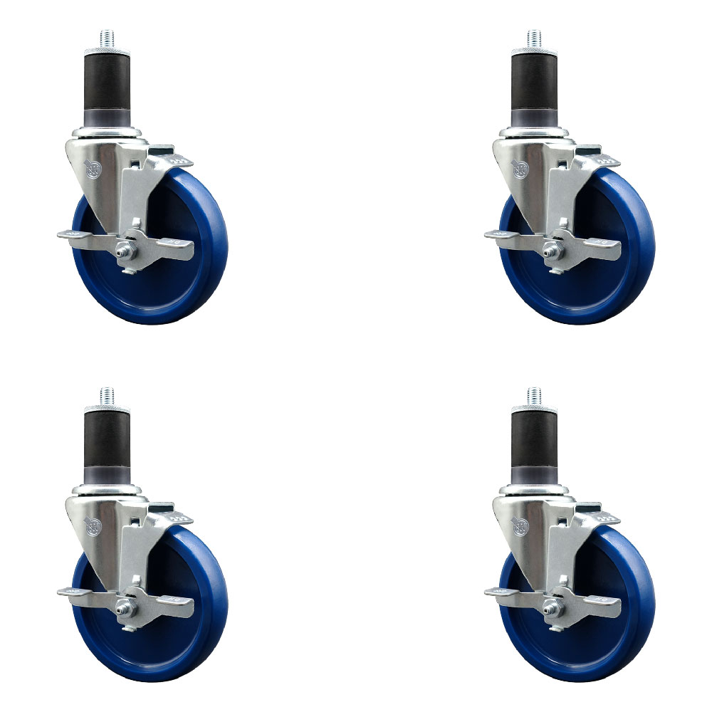 Stainless Steel Solid Polyurethane Swivel Expanding Stem Caster with 5 in. Blue Wheels & 1.63 in. Stems4 Swivel - Set of 4