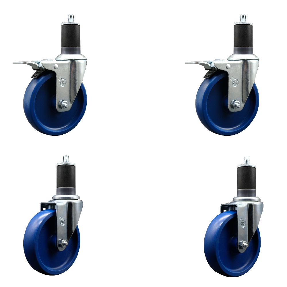 Stainless Steel Solid Polyurethane Swivel Expanding Stem Caster with 5 in. Blue Wheels & 1.63 in. Stems 2 with Total Locking Brakes - Set of 4