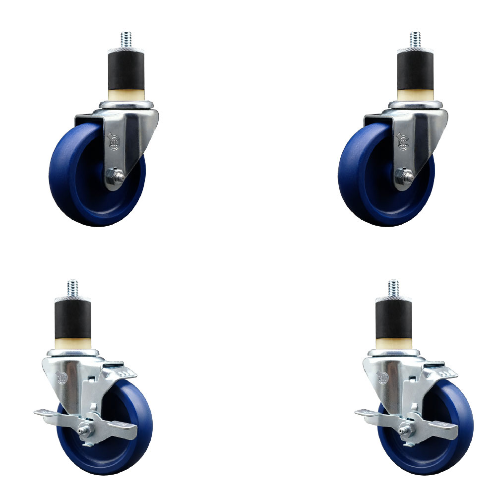 SCC-SSEX20S414-SPUS-2-TLB-2-178 Stainless Steel Solid Polyurethane Swivel Expanding Stem Caster with 4 in. Blue Wheels & 1.87 in. Stems - Set of 4