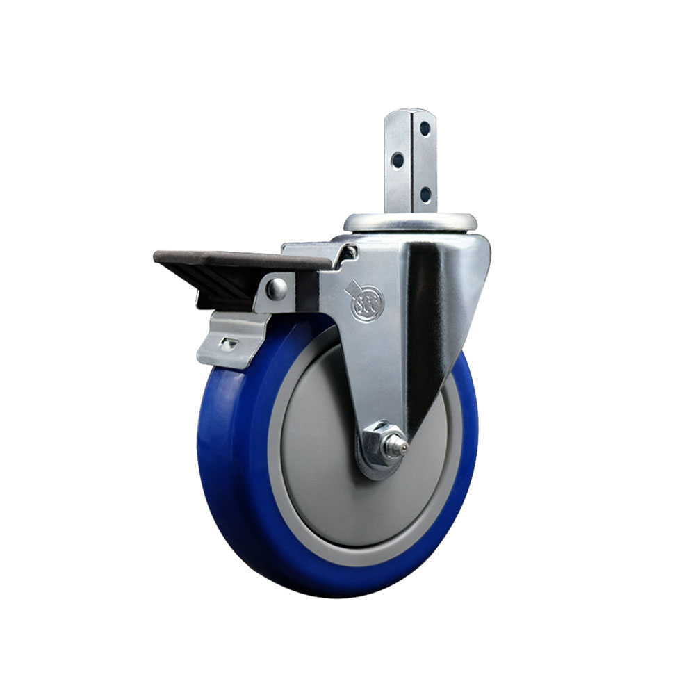 Swivel Square Stem Caster with 5 x 1.25 in. Blue Polyurethane Wheel, with 3 0.26 in. Diameter Mounting Holes & Posi Lock Brakes