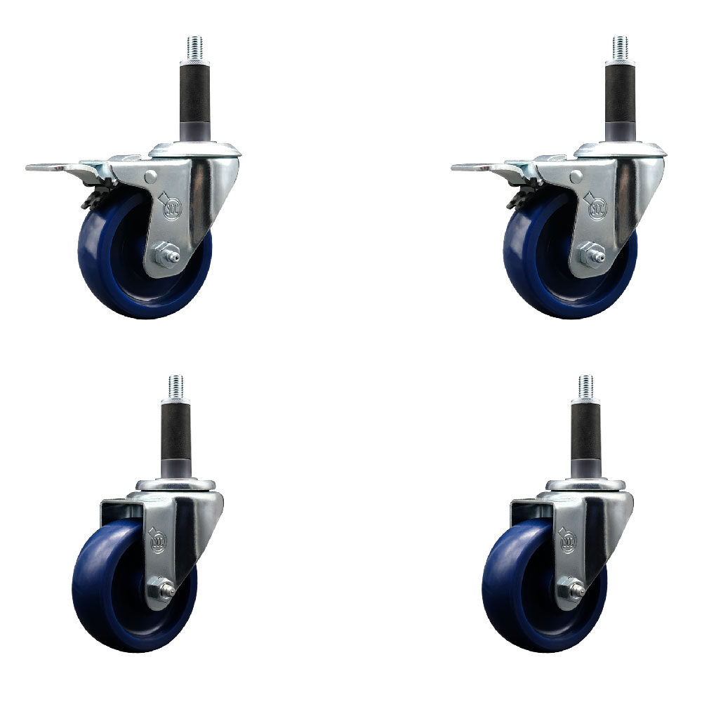 SCC-SSEXTTL20S3514-SPUS-2-S-2-1 Stainless Steel Solid Polyurethane Swivel Expanding Stem Caster with 3.5 in. Blue Wheels & 1 in. Stems - Set of 4