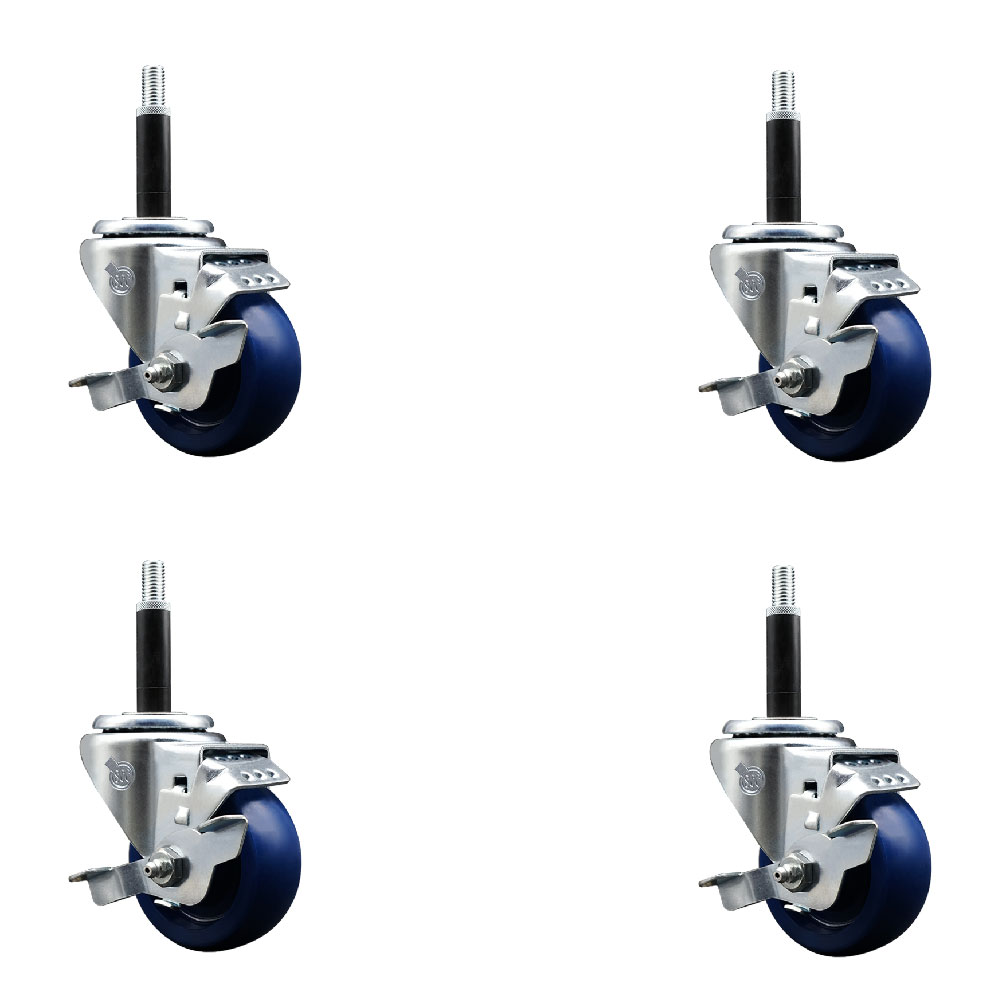 Stainless Steel Solid Polyurethane Swivel Expanding Stem Caster with 3 in. Blue Wheels & 0.75 in. Stems 4 Swivel with Top Locking Brake - Set of 4