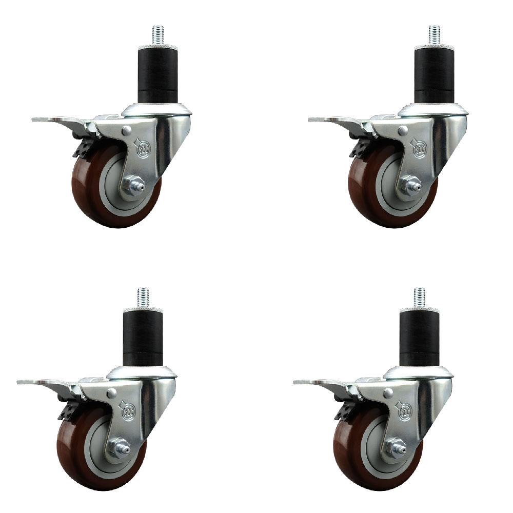 Stainless Steel Polyurethane Swivel Expanding Stem Caster with 3 in. Maroon Wheels & 1.75 in. Stems 4 Swivel - Set of 4