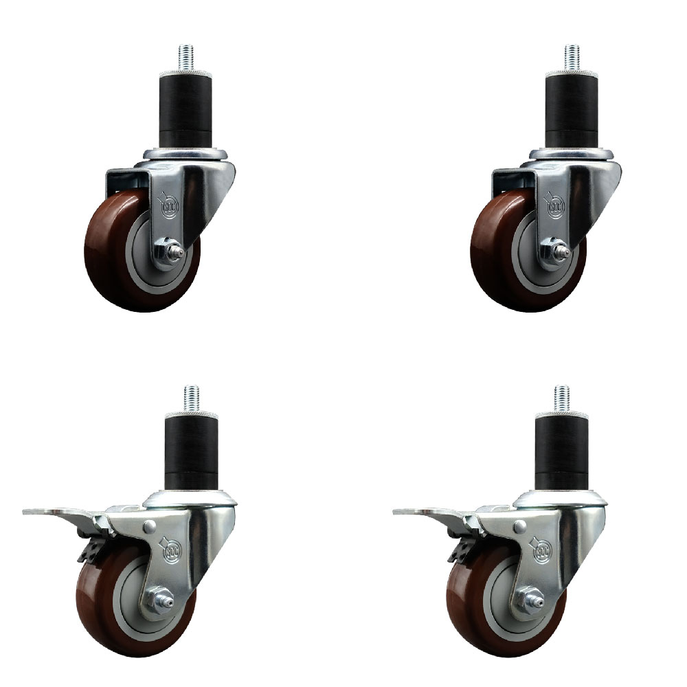 SCC-SSEXTTL20S314-PPUB-MRN-2-S-2-134 Stainless Steel Polyurethane Swivel Expanding Stem Caster with 3 in. Maroon Wheels & 1.75 in. Stems - Set of 4
