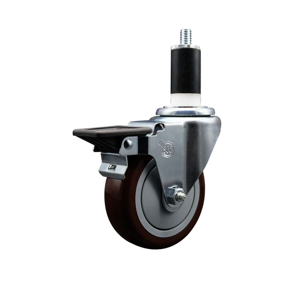 SCC-EX20S414-PPUB-MRN-PLB-138 Polyurethane Expanding Stem Swivel Caster with 4 in. Maroon Wheel & 1.38 in. Stem & Posi Locking Brake