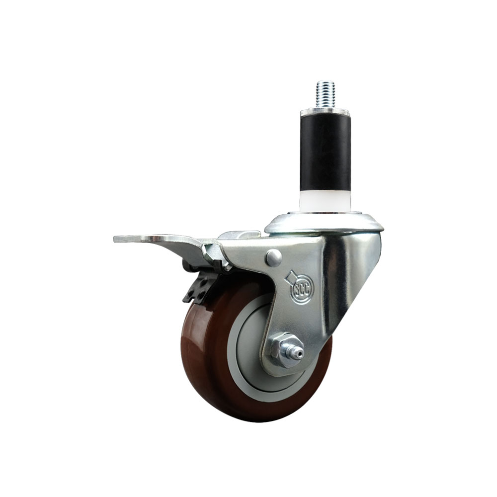 Stainless Steel Polyurethane Expanding Stem Swivel Caster with 3 in. Maroon Wheel & 1.38 in. Stem & Total Locking Brake
