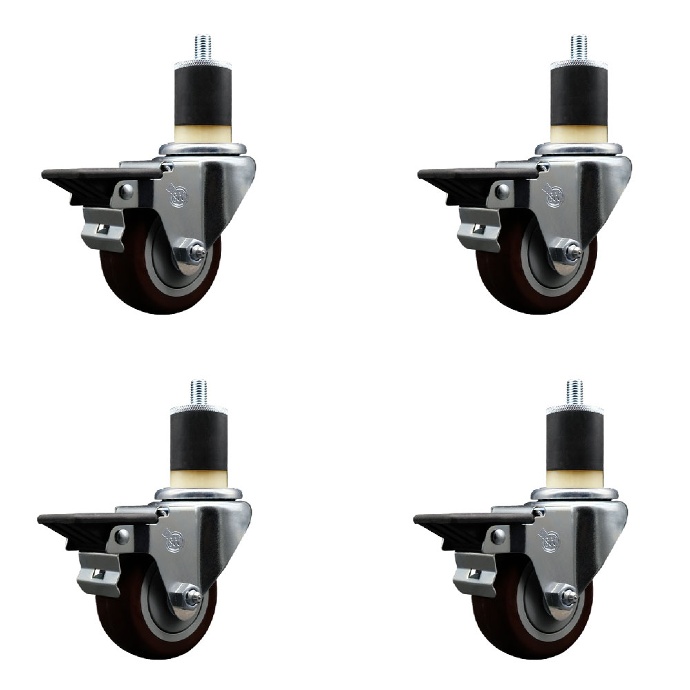 SCC-EX20S314-PPUB-MRN-PLB-178-4 Polyurethane Swivel Expanding Stem Caster with 3 in. Maroon Wheels & 1.87 in. Stems - Set of 4