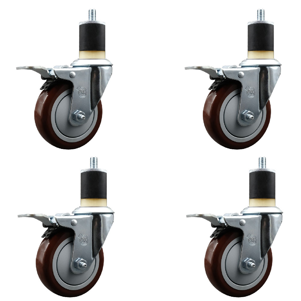 Stainless Steel Polyurethane Swivel Expanding Stem Caster with 4 in. Maroon Wheels & 1.87 in. Stems 4 Swivel - Set of 4
