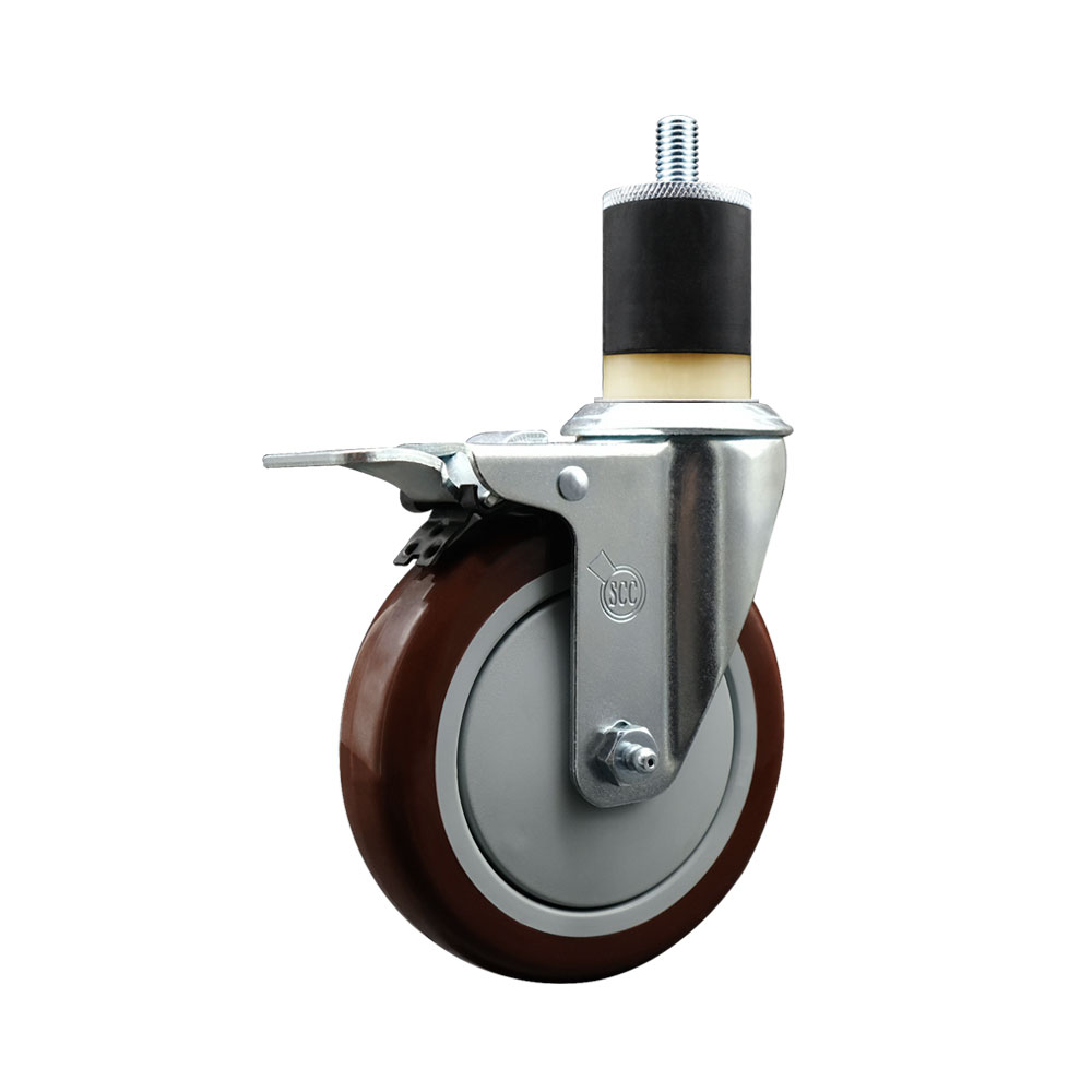 Stainless Steel Polyurethane Expanding Stem Swivel Caster with 5 in. Maroon Wheel & 1.87 in. Stem & Total Locking Brake