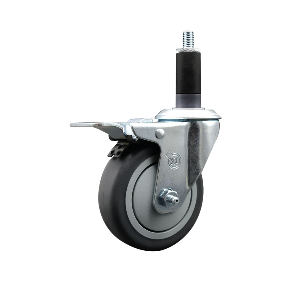 Stainless Steel Thermoplastic Rubber Swivel Expanding Stem Swivel Caster with 4 in. Gray Wheel & 1.13 in. Stem & Total Locking Brake