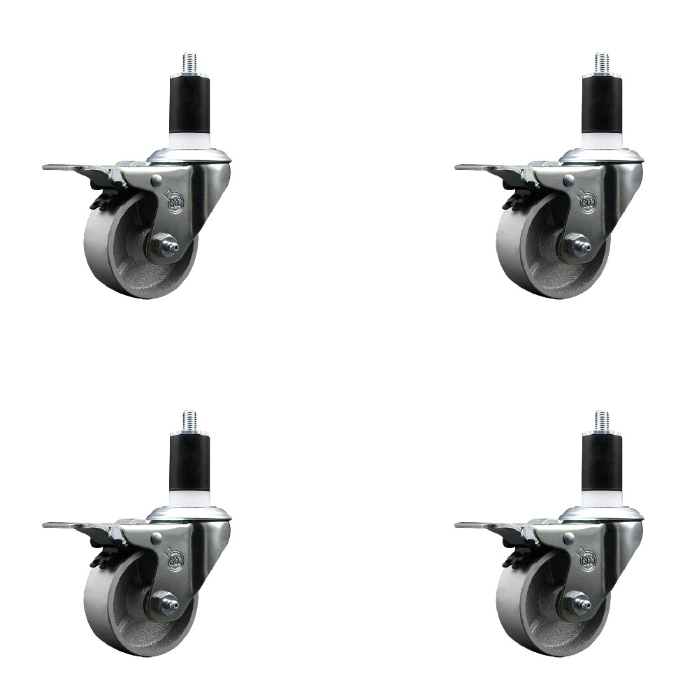 Semi Steel Cast Iron Swivel Expanding Stem Caster with Roller Bearings 3 x 1.5 in. Silver Wheels & 1.5 in. Stems 4 with Total Lock Brakes - Set of 4