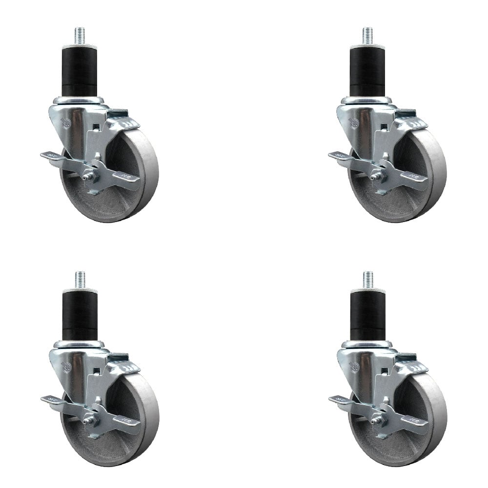 Semi Steel Cast Iron Swivel Expanding Stem Caster with Roller Bearings 4 x 1.5 in. Silver Wheels & 1.75 in. Stems 4 with Top Lock Brakes - Set of 4