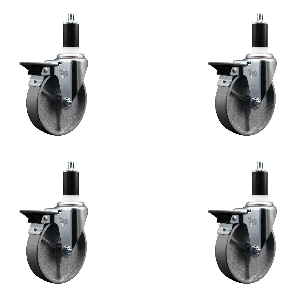 Semi Steel Cast Iron Swivel Expanding Stem Caster with Roller Bearings 5 x 1.5 in. Silver Wheels & 1.38 in. Stems 4 with Posi Lock Brakes - Set of 4