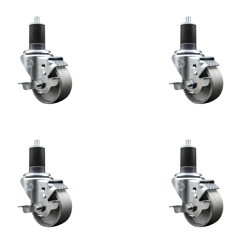 Semi Steel Cast Iron Swivel Expanding Stem Caster with Roller Bearings 3 x 1.5 in. Silver Wheels & 1.63 in. Stems 4 with Top Lock Brakes - Set of 4