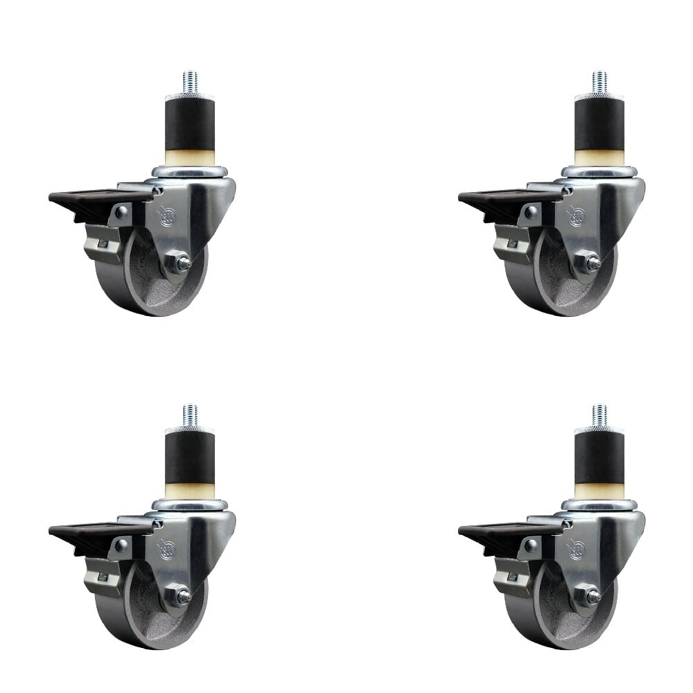 Semi Steel Cast Iron Swivel Expanding Stem Caster with Roller Bearings 3 x 1.5 in. Silver Wheels & 1.87 in. Stems 4 with Posi Lock Brakes - Set of 4