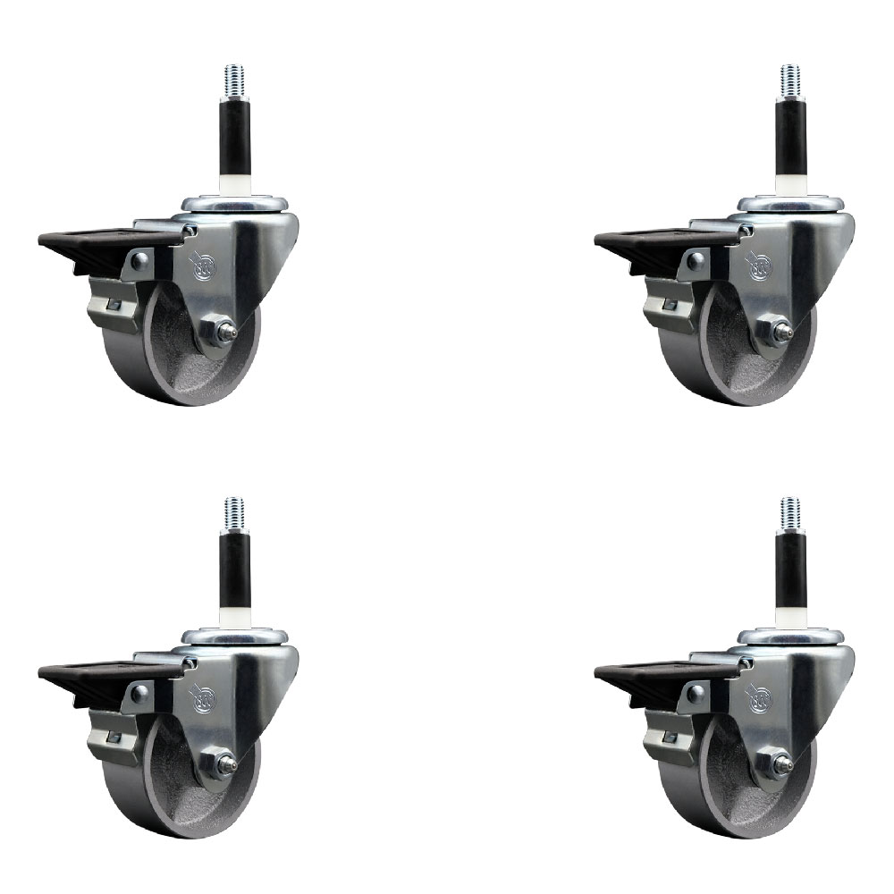 Semi Steel Cast Iron Swivel Expanding Stem Caster with Roller Bearings 3 x 1.5 in. Silver Wheels & 0.87 in. Stems 4 with Posi Lock Brakes - Set of 4