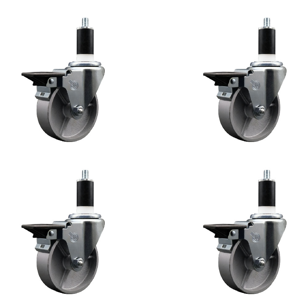 Semi Steel Cast Iron Swivel Expanding Stem Caster with Roller Bearings 4 x 1.5 in. Silver Wheels & 1.38 in. Stems 4 with Posi Lock Brakes - Set of 4