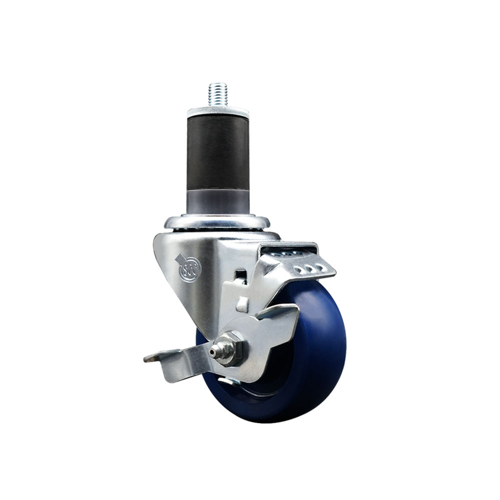 SCC-SSEX20S314-SPUS-TLB-158 Stainless Steel Solid Polyurethane Expanding Stem Swivel Caster with 3 in. Blue Wheel & 1.63 in. Stem & Top Locking Brake