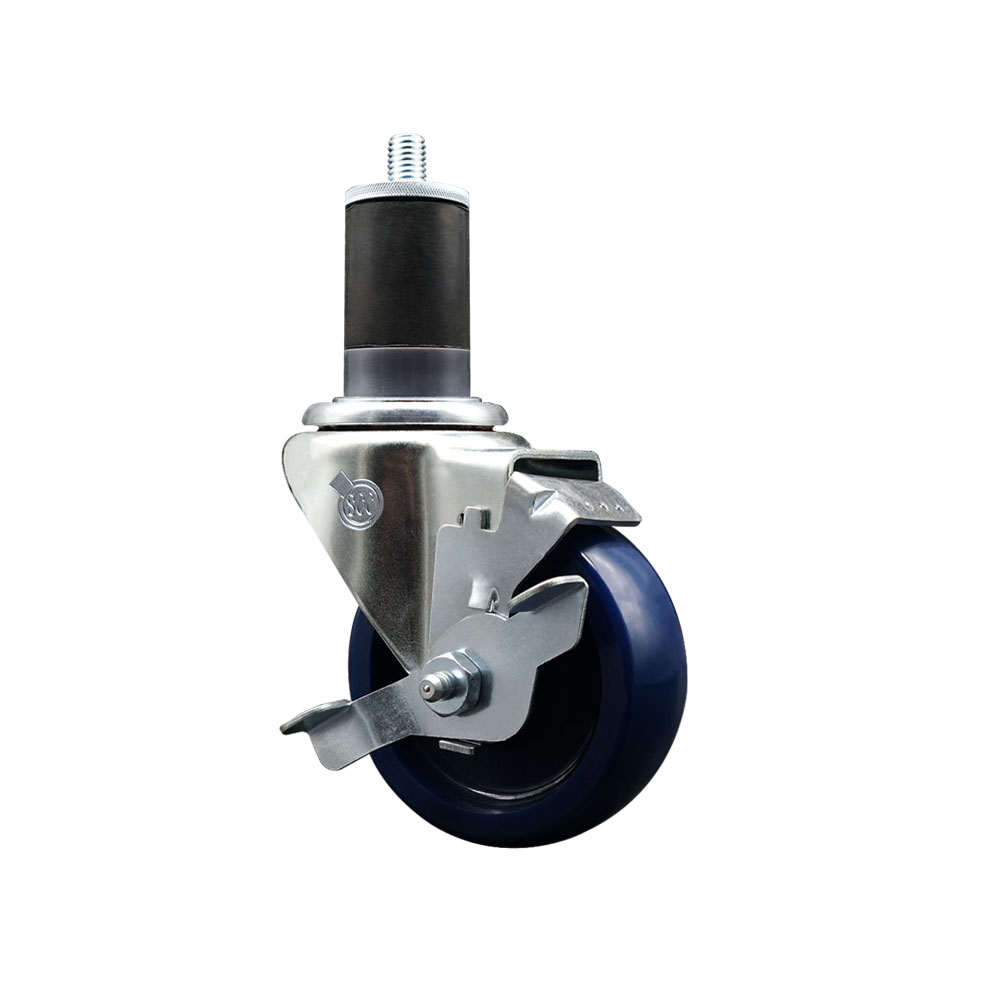 Stainless Steel Solid Polyurethane Expanding Stem Swivel Caster with 3.5 in. Blue Wheel & 1.87 in. Stem & Top Locking Brake