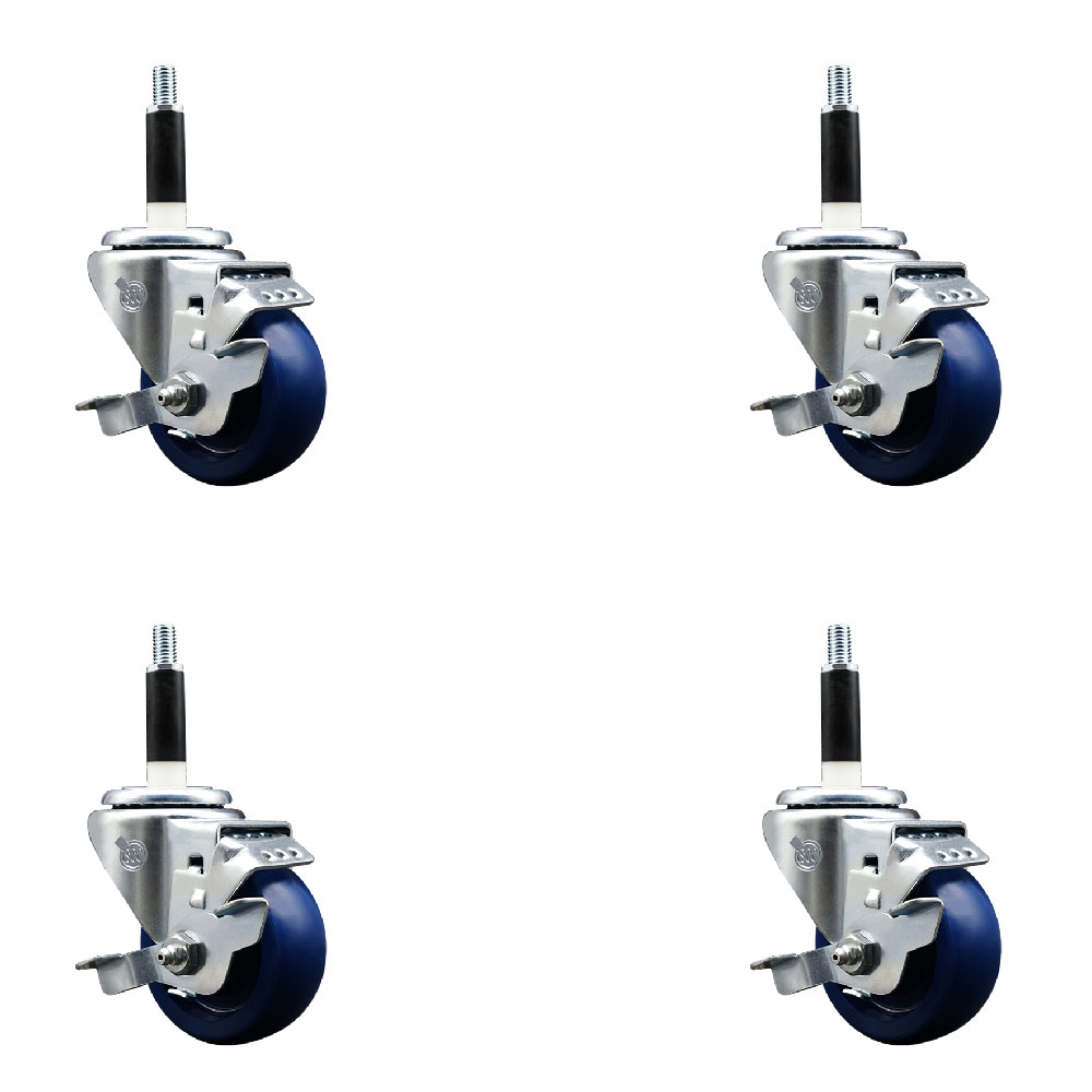 Stainless Steel Solid Polyurethane Swivel Expanding Stem Caster with 3 in. Blue Wheels & 0.87 in. Stems 4 Swivel with Top Locking Brake - Set of 4