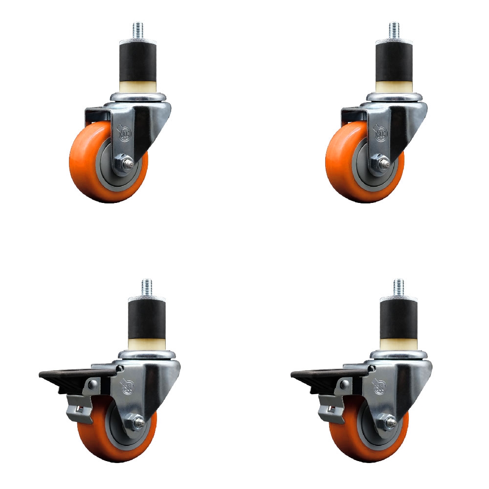 SCC-EX20S314-PPUB-ORG-2-PLB-2-178 Polyurethane Swivel Expanding Stem Caster with 3 in. Orange Wheels & 1.87 in. Stems - Set of 4