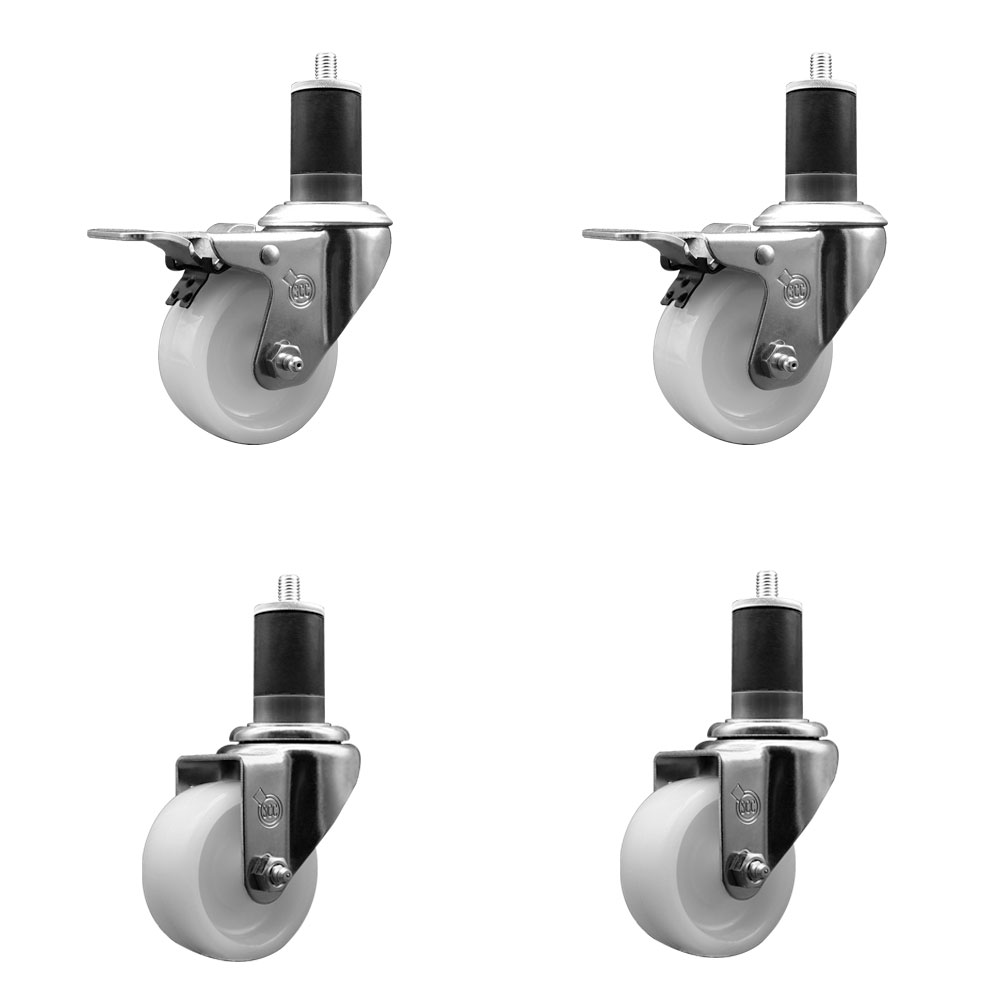 SCC-SSEXTTL20S314-NYS-2-S-2-158 Stainless Steel Nylon Swivel Expanding Stem Caster with 3 in. White Wheels & 1.63 in. Stems - Set of 4