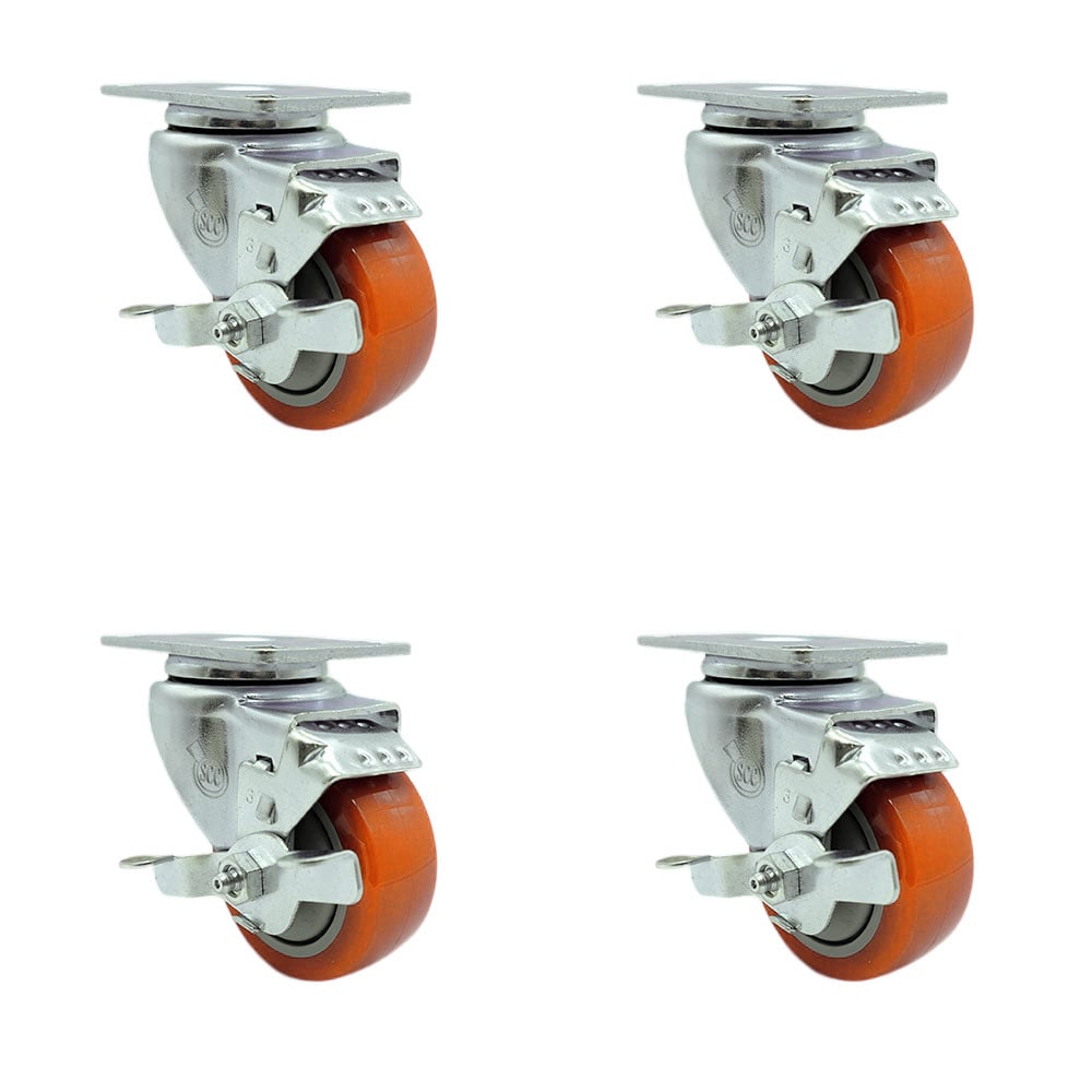 SCC-20S314-PPUB-ORG-TLB-TP3-4 Swivel Caster with Brakes & 3 in. Orange Polyurethane Wheel - 4 x 4.5 in. Overall Top Plate - Set of 4