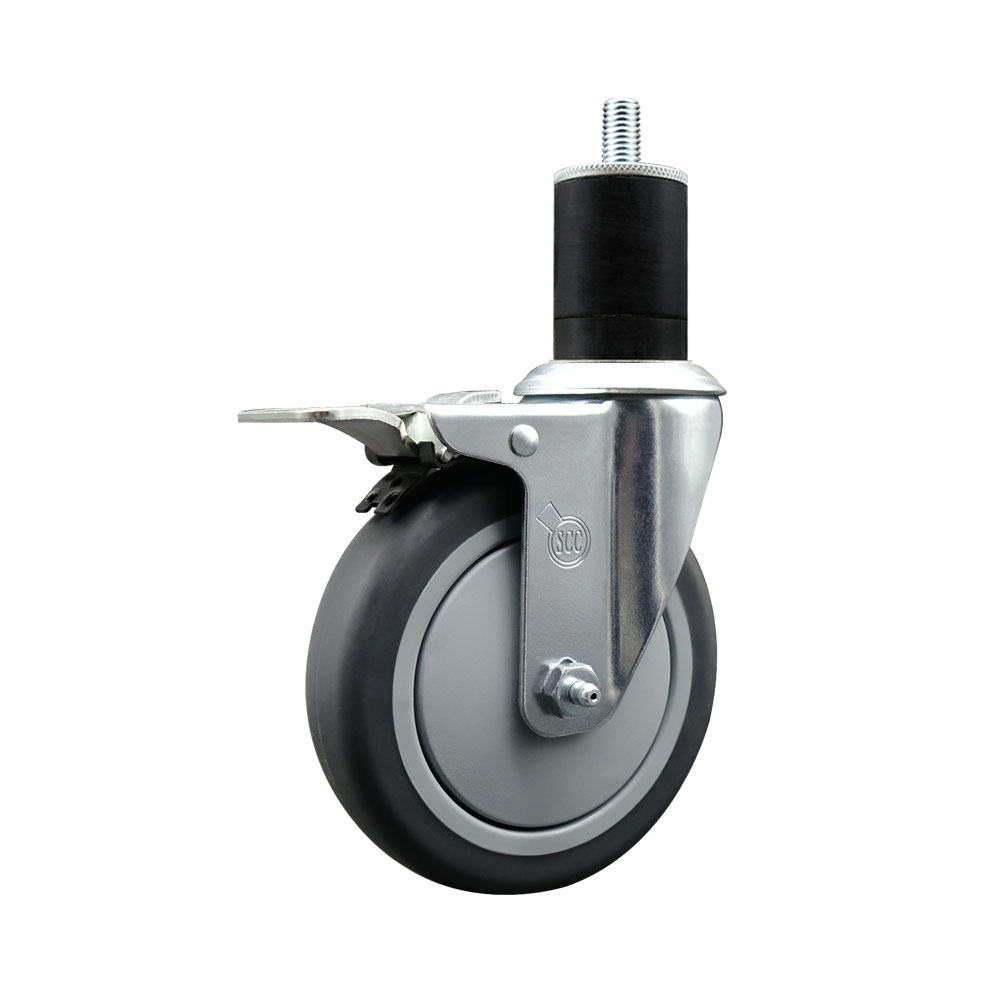 Stainless Steel Thermoplastic Rubber Swivel Expanding Stem Swivel Caster with 5 in. Gray Wheel & 1.75 in. Stem & Total Locking Brake