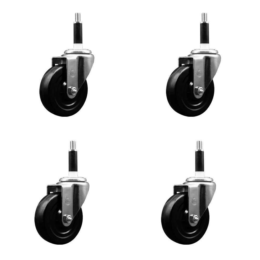 Stainless Steel Soft Rubber Swivel Expanding Stem Caster with 4 in. Black Wheels & 0.87 in. Stems, 4 Swivel with Top Locking Brakes - Set of 4
