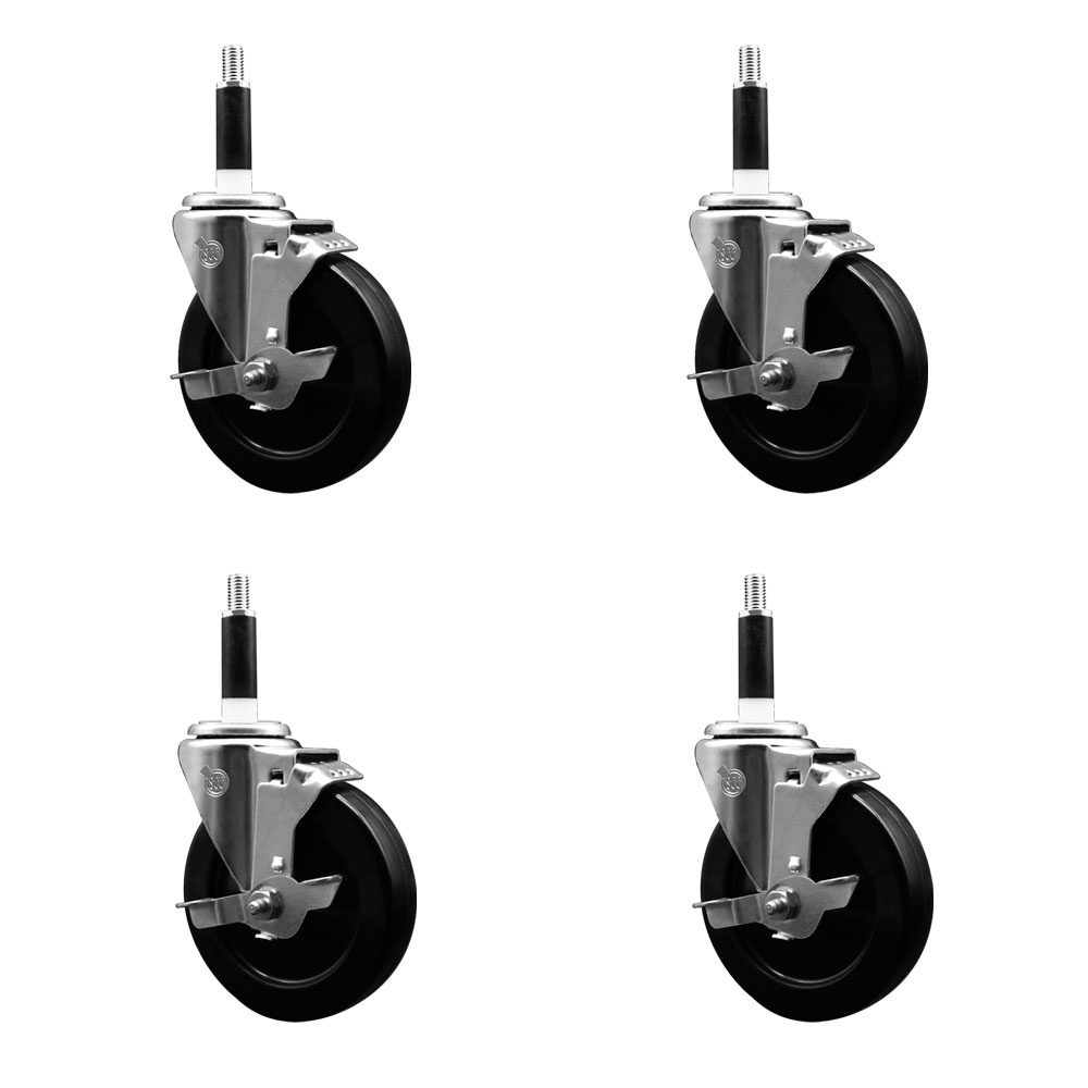 Stainless Steel Soft Rubber Swivel Expanding Stem Caster with 5 in. Black Wheels & 0.87 in. Stems, 4 Swivel with Top Locking Brakes - Set of 4