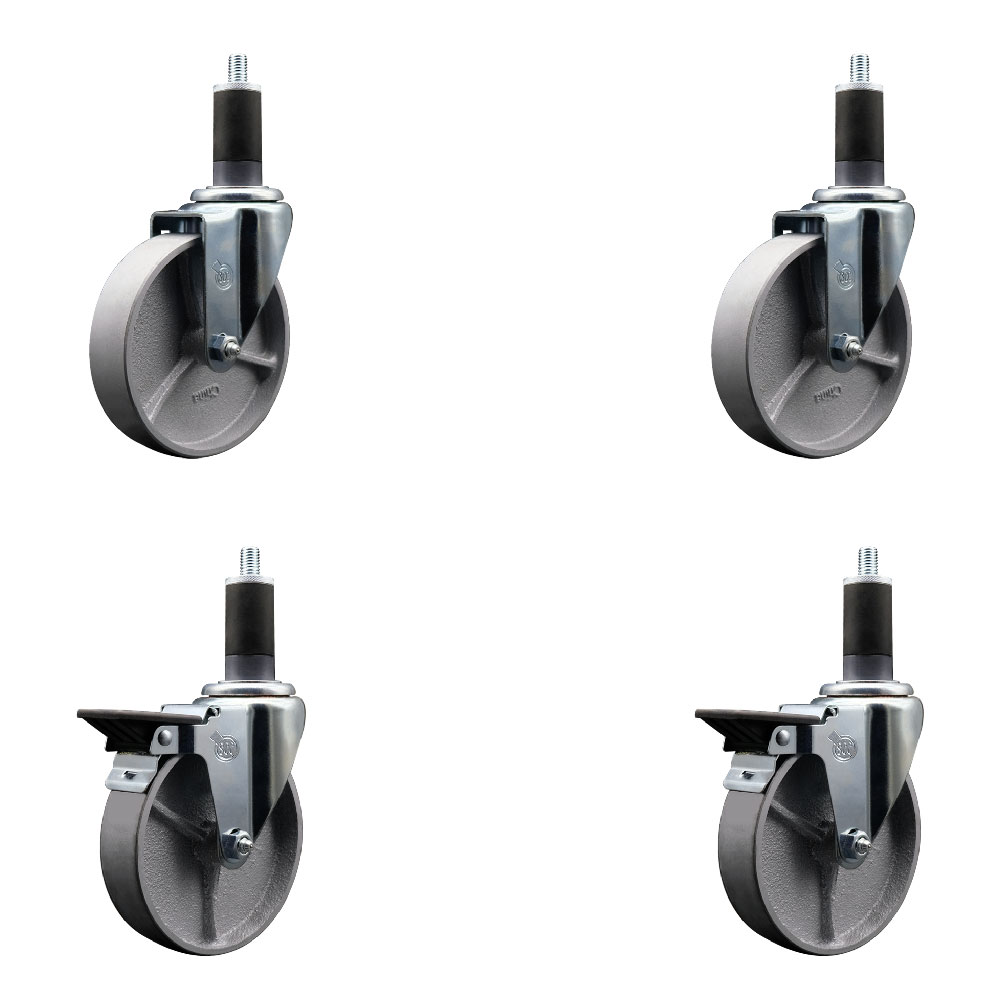 Semi Steel Cast Iron Swivel Expanding Stem Caster with Roller Bearings 5 x 1.5 in. Silver Wheels & 1.25 in. Stems - Set of 4