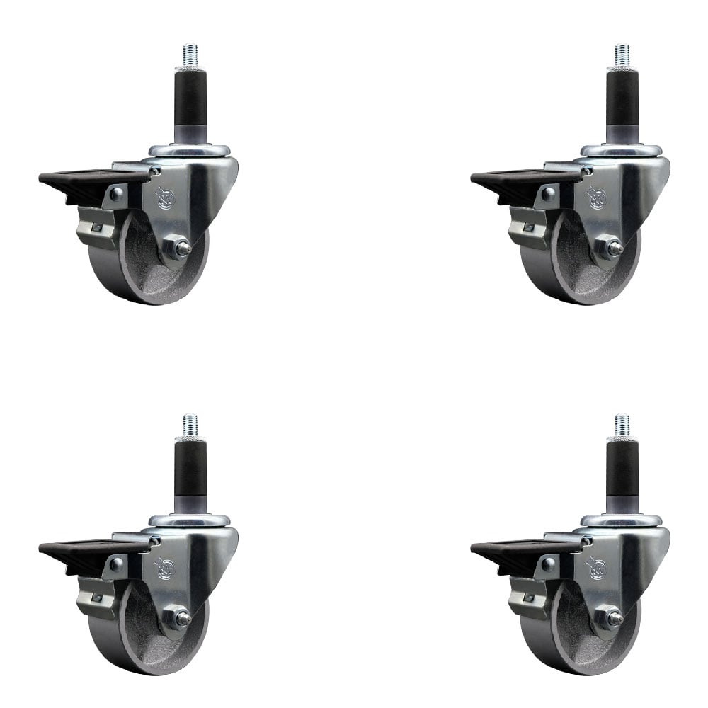 Semi Steel Cast Iron Swivel Expanding Stem Caster with Roller Bearings 3 x 1.5 in. Silver Wheels & 1.13 in. Stems 4 with Posi Lock Brakes - Set of 4