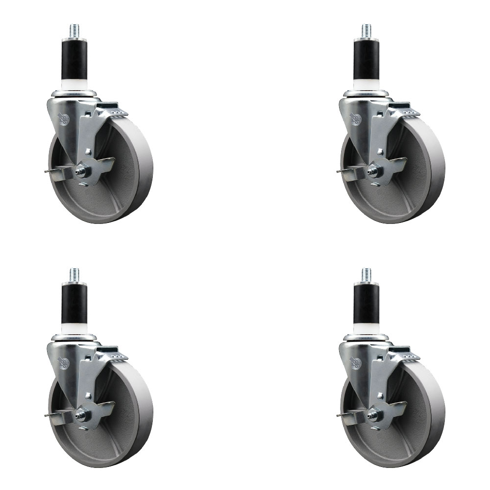 Semi Steel Cast Iron Swivel Expanding Stem Caster with Roller Bearings 5 x 1.5 in. Silver Wheels & 1.38 in. Stems 4 with Top Lock Brakes - Set of 4