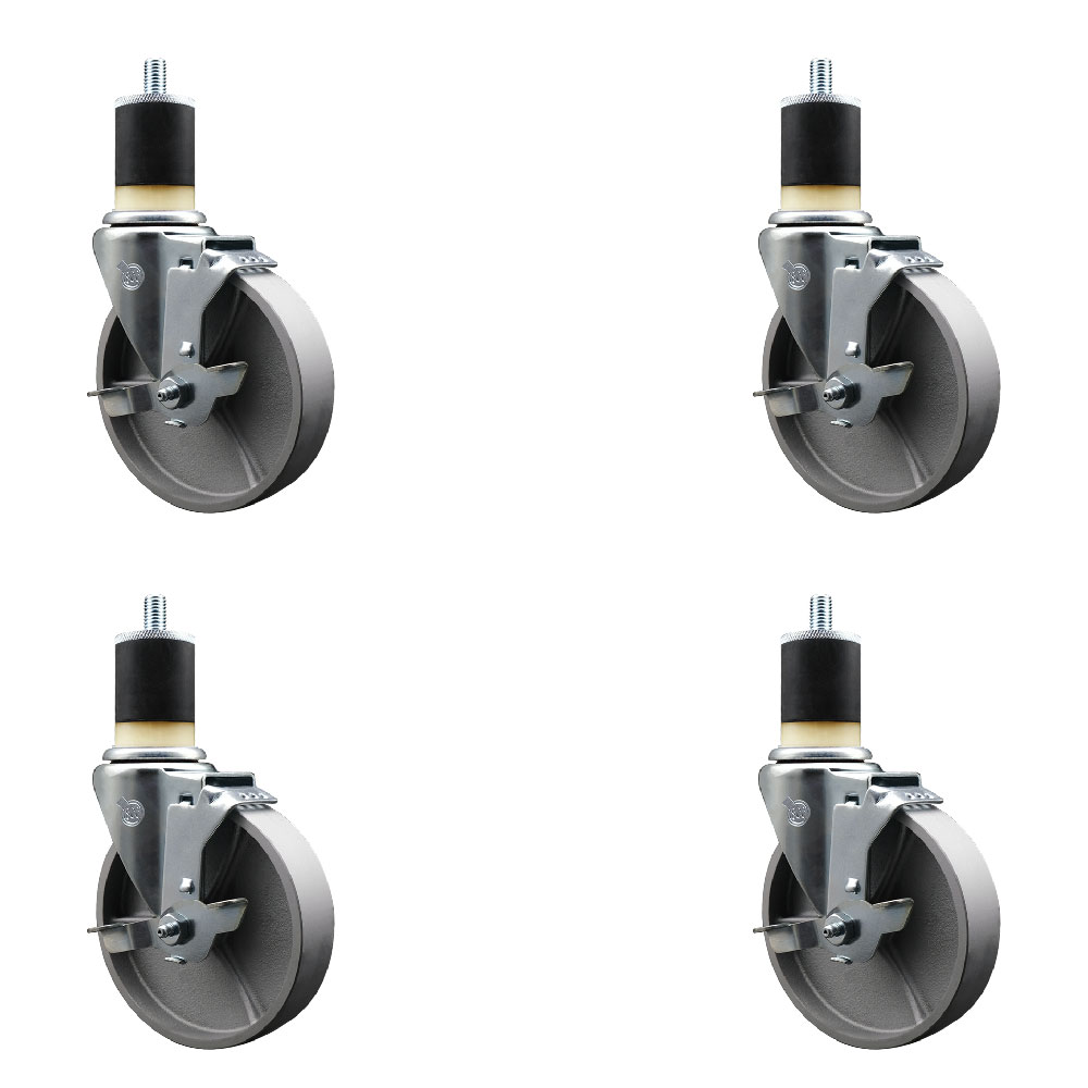 Semi Steel Cast Iron Swivel Expanding Stem Caster with Roller Bearings 5 x 1.5 in. Silver Wheels & 1.87 in. Stems 4 with Top Lock Brakes - Set of 4