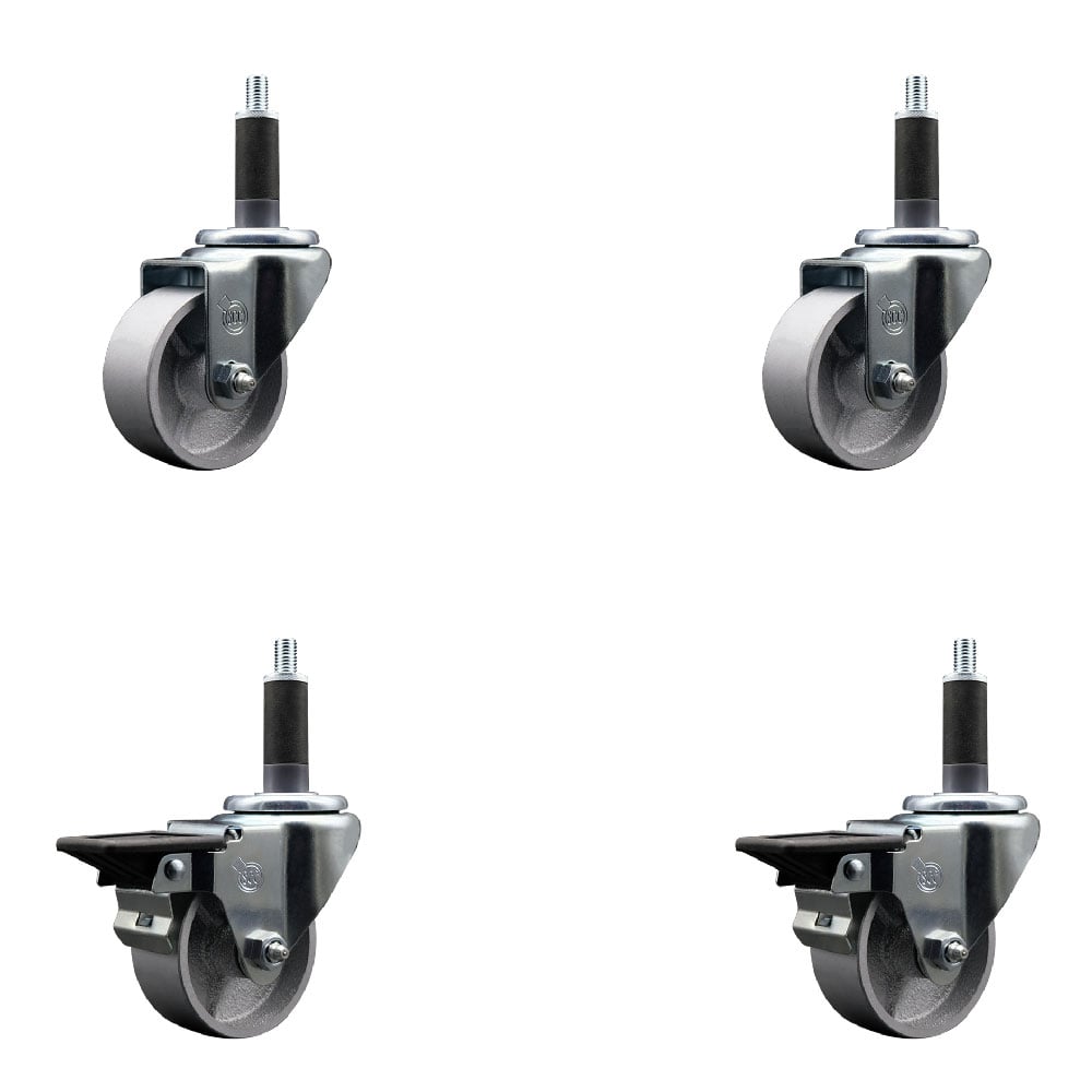 Semi Steel Cast Iron Swivel Expanding Stem Caster with Roller Bearings 3 x 1.5 in. Silver Wheels & 1 in. Stems 2 with Posi Locking Brakes - Set of 4