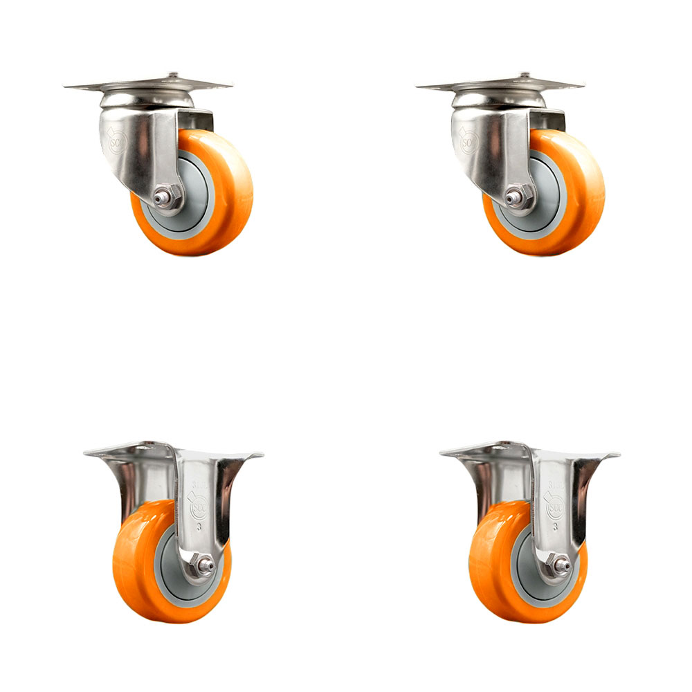 SCC-SS31620S314-PPUB-ORG-2-R-2 Polyurethane Swivel Top Plate Caster with 3 in. 316 Stainless Steel Orange Wheels - Set of 4