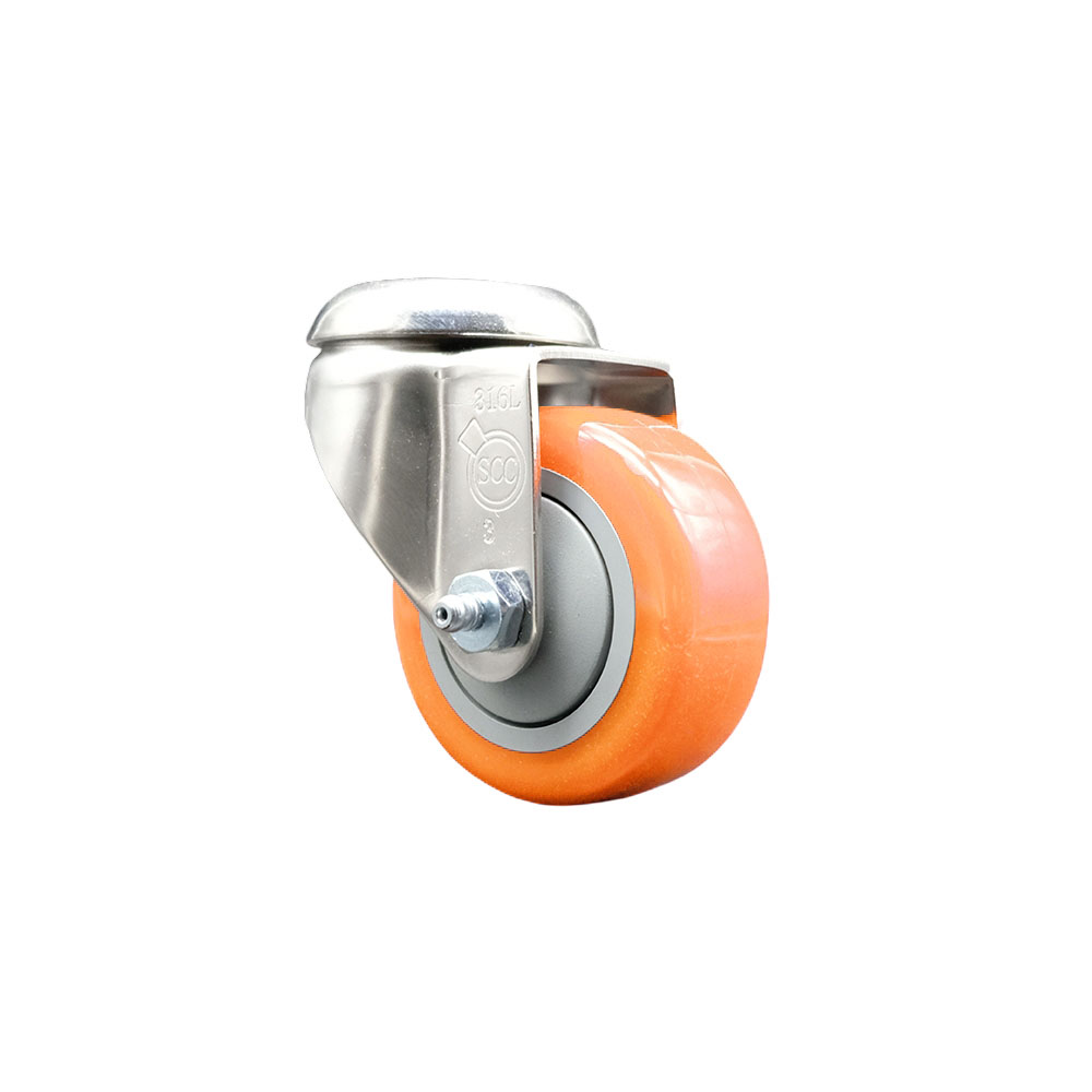 SCC-SS316BH20S314-PPUB-ORG Polyurethane Swivel Bolt Hole Caster with 3 in. Orange Caster Wheel - 316 Stainless Steel Caster