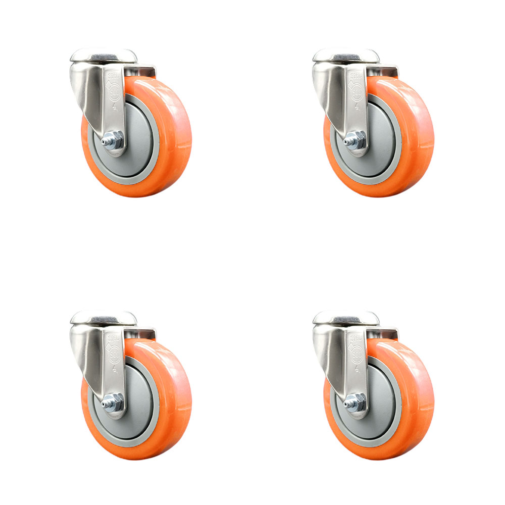 SCC-SS316BH20S414-PPUB-ORG-4 Polyurethane Swivel Bolt Hole Caster with 4 in. Orange Caster Wheels - 316 Stainless Steel Casters - Set of 4
