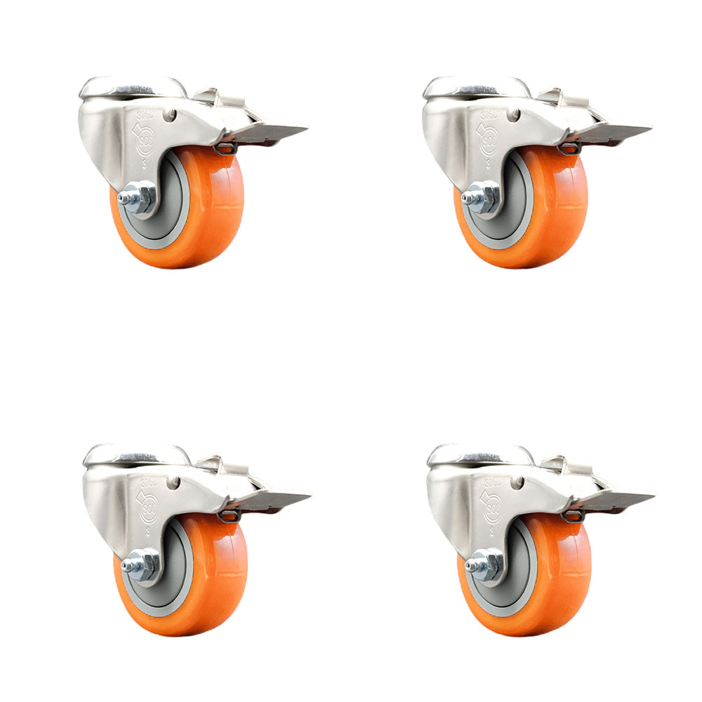 SCC-SS316BHTTL20S314-PPUB-ORG-4 Polyurethane Swivel Bolt Hole Caster with 3 in. Orange Caster Wheels - 316 Stainless Steel Caster - Set of 4