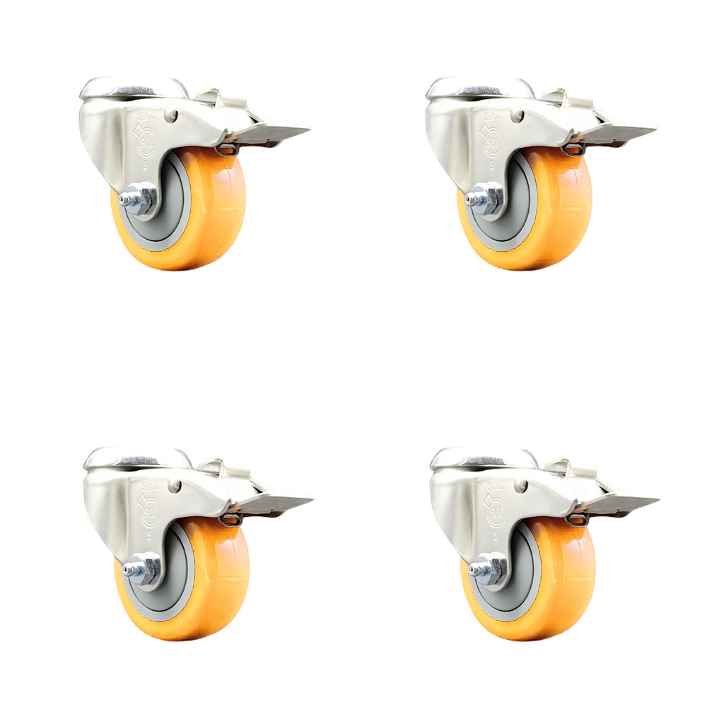 SCC-SS316BHTTL20S314-PPUB-YEL-4 Polyurethane Swivel Bolt Hole Caster with 3 in. Yellow Caster Wheels - 316 Stainless Steel Caster - Set of 4