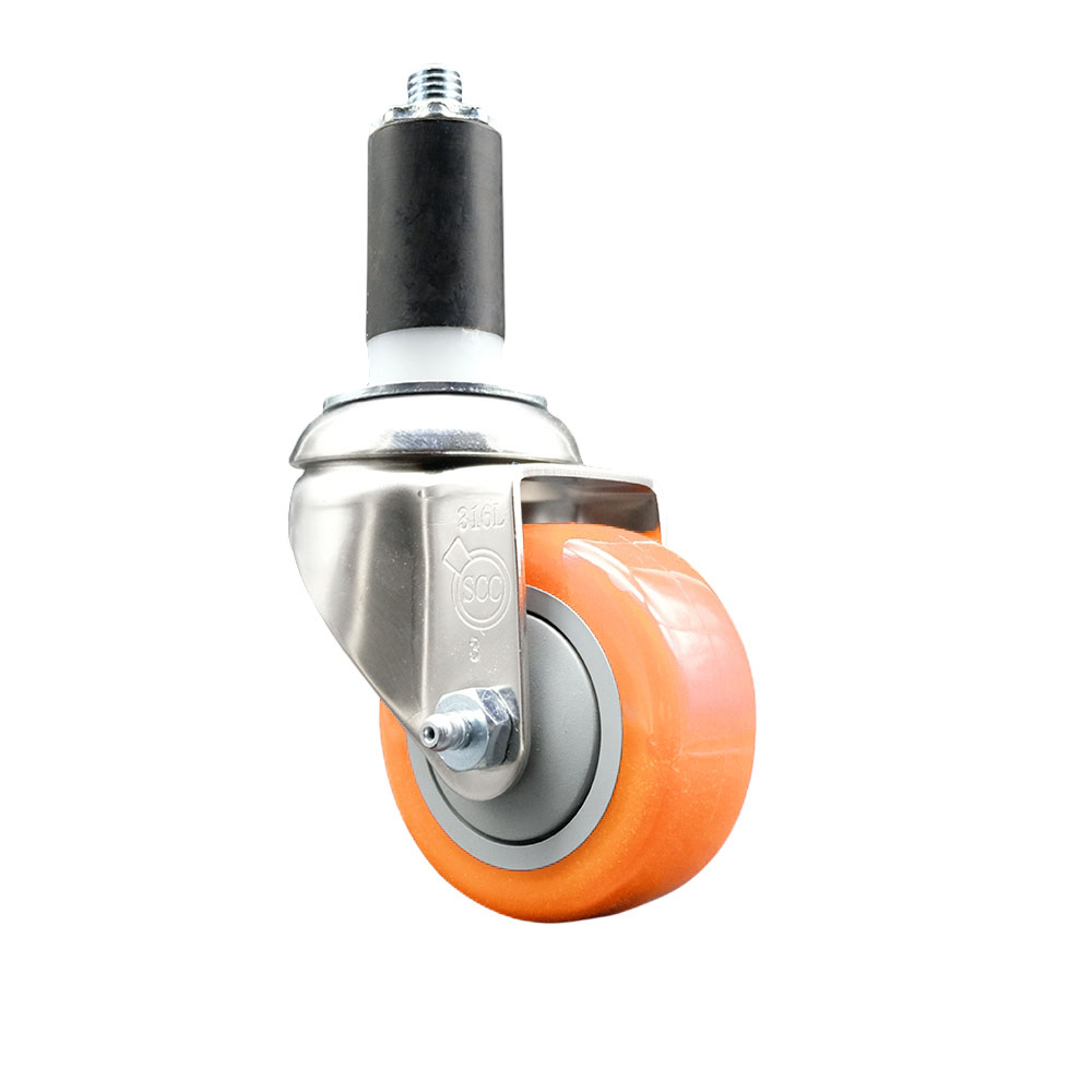 Polyurethane Swivel Stem Caster with 3 in. Orange Caster Wheels, 1.38 in. Expanding Stem - 316 Stainless Steel Caster