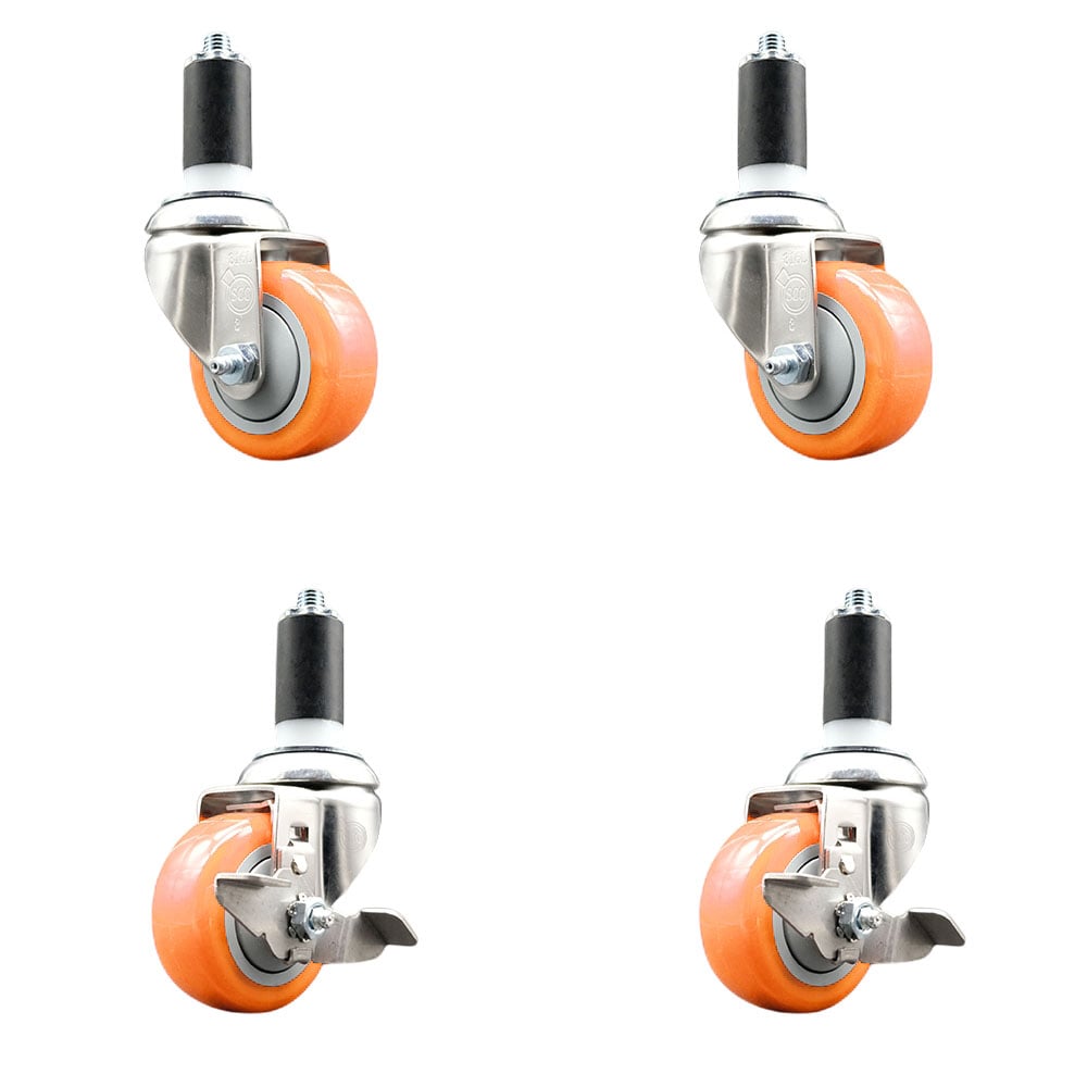 Polyurethane Swivel Stem Caster with 3 in. Orange Caster Wheels, 1.38 in. Expanding Stems - 316 Stainless Steel Casters - Set of 4